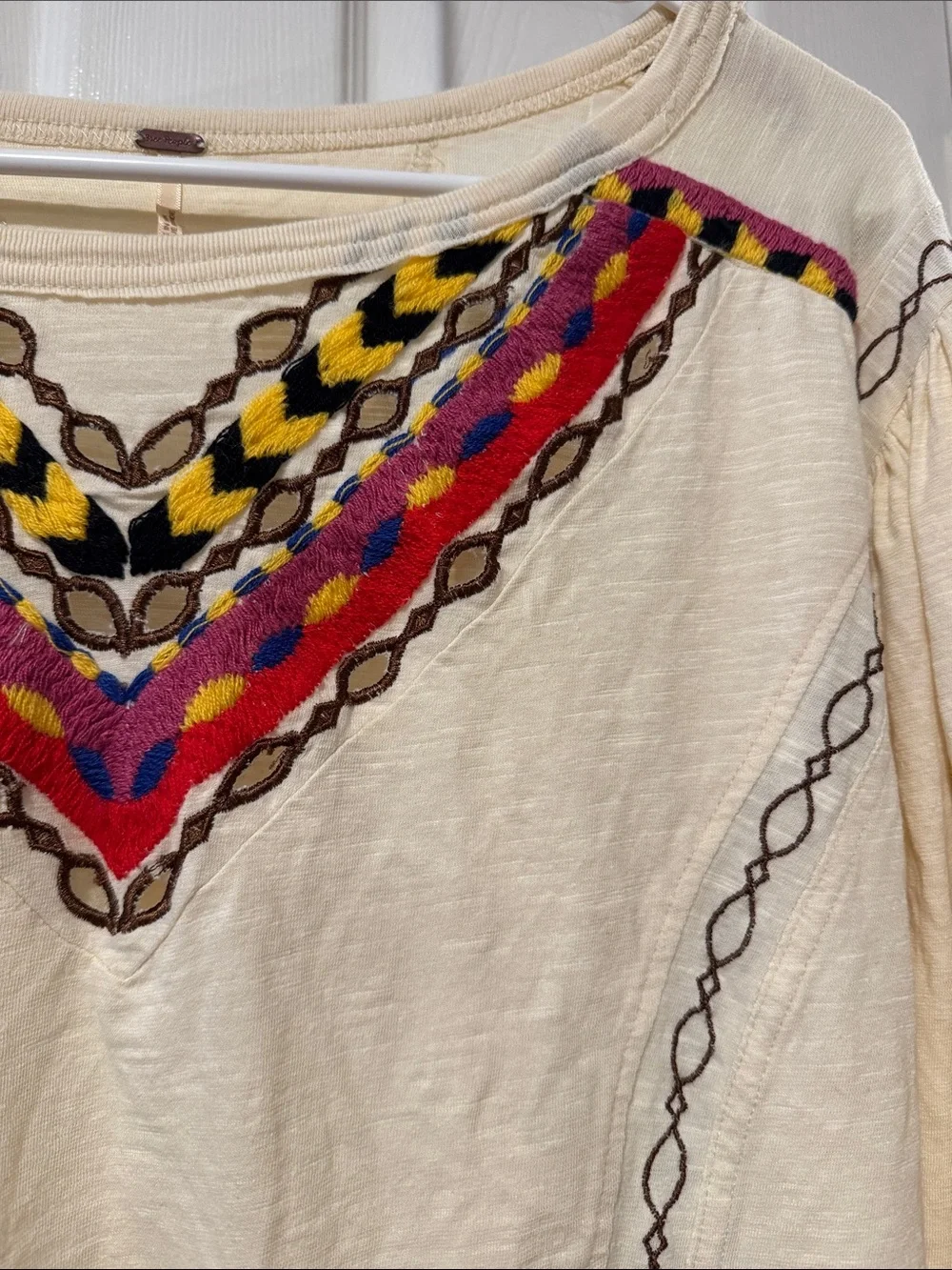 EUC Free People Cream Boho Embroidered V-Neck Tunic